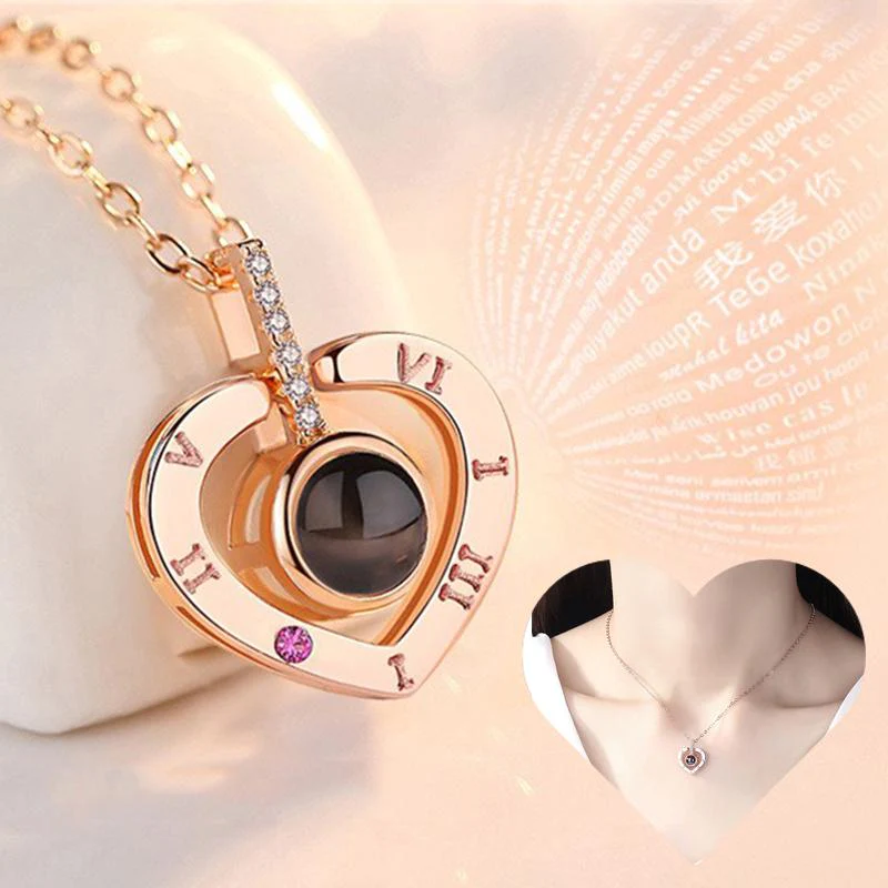 COFRE ROSA ETERNA 360° GIRATORIO + COLLAR CORAZÓN PROYECTOR DE 100 IDIOMAS ENCHAPADO EN ORO ROSE 14K